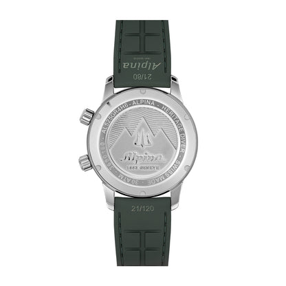 Alpina Men's Heritage Diver 300 Automatic Stainless Steel Watch with Black Dial & Green Rubber Strap close-up detail