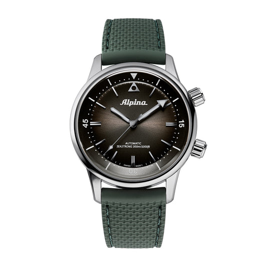 Alpina Men's Heritage Diver 300 Automatic Stainless Steel Watch with Black Dial & Green Rubber Strap
