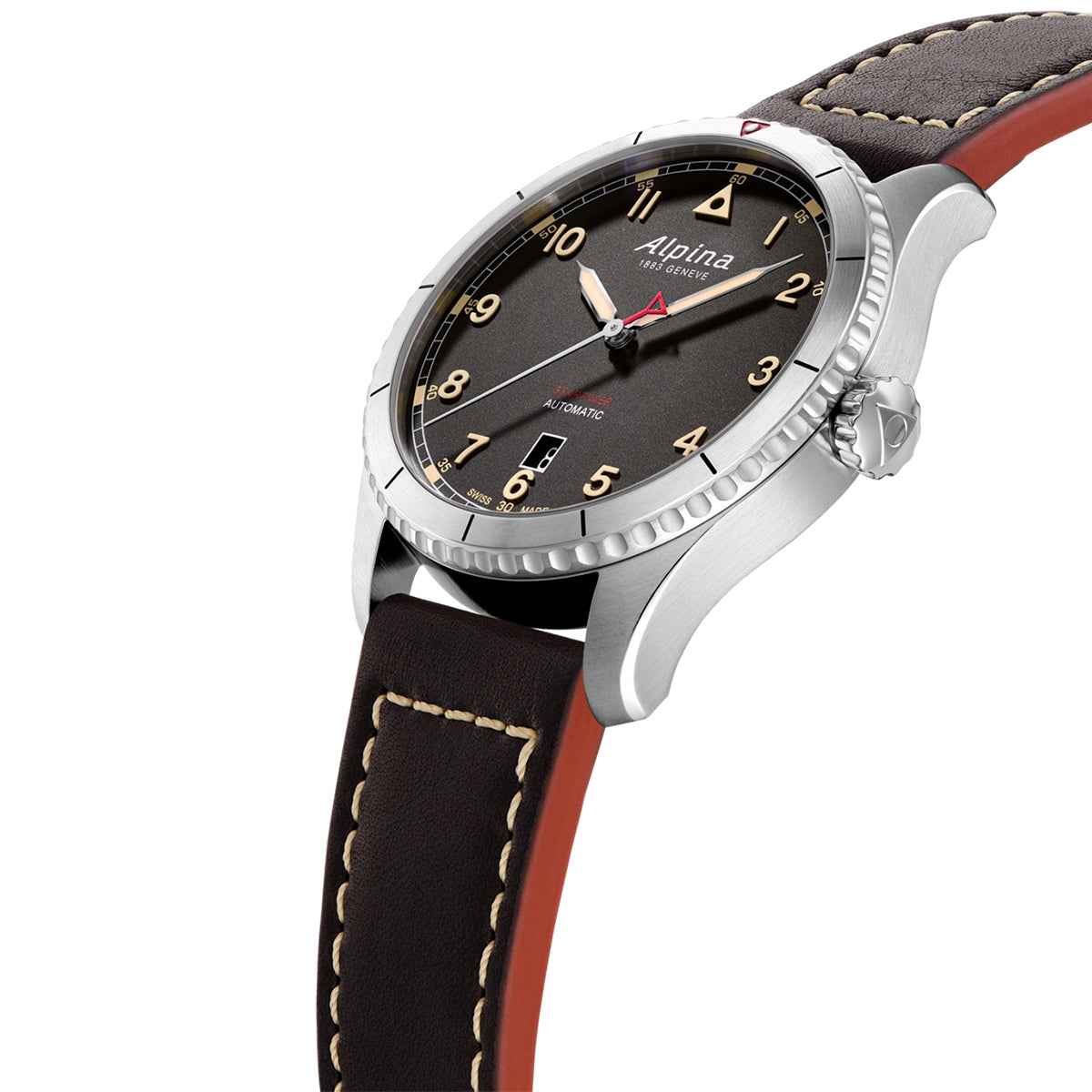 Alpina Men's Startimer Pilot Automatic Stainless Steel Watch with Black Dial & Leather Strap front view (2)