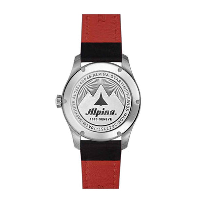 Alpina Men's Startimer Pilot Automatic Stainless Steel Watch with Black Dial & Leather Strap close-up detail (2)