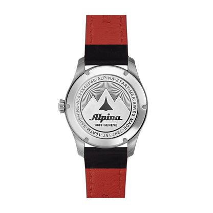 Alpina Men's Startimer Pilot Automatic Stainless Steel Watch with Black Dial & Leather Strap close-up detail