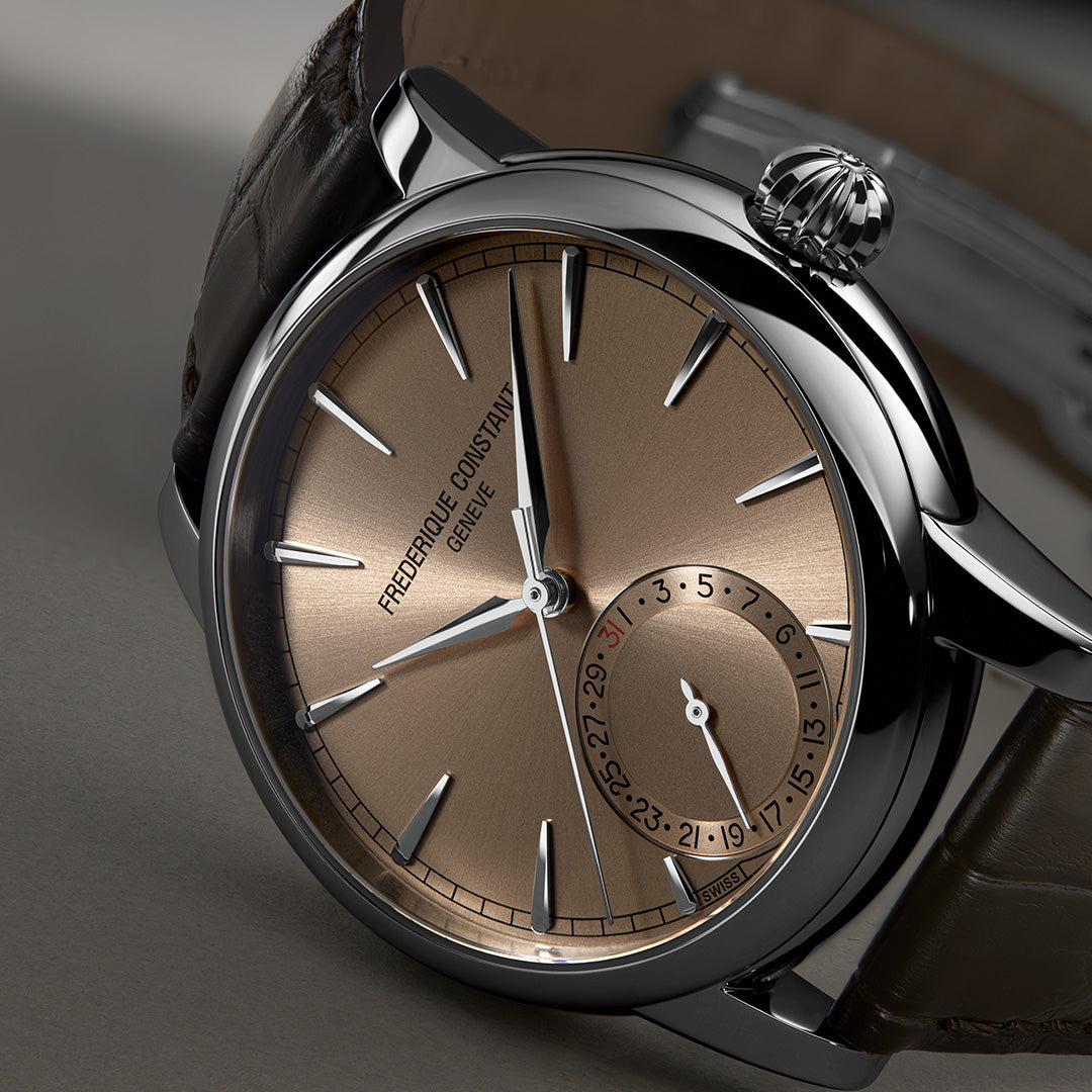 Frederique Constant brown dial and leather strap watch styled