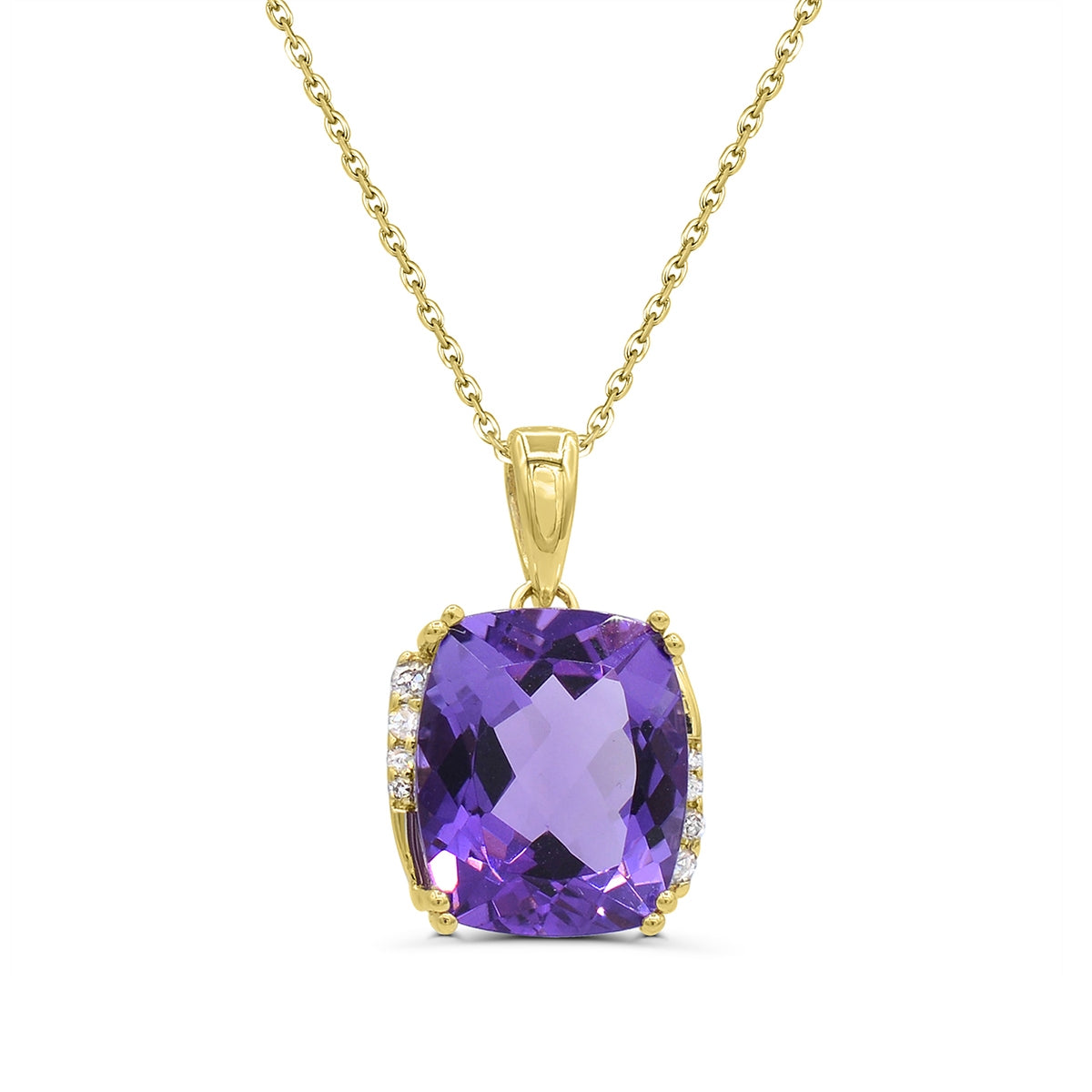 Cushion Amethyst & Diamond Accent Pendant in 10K Yellow Gold