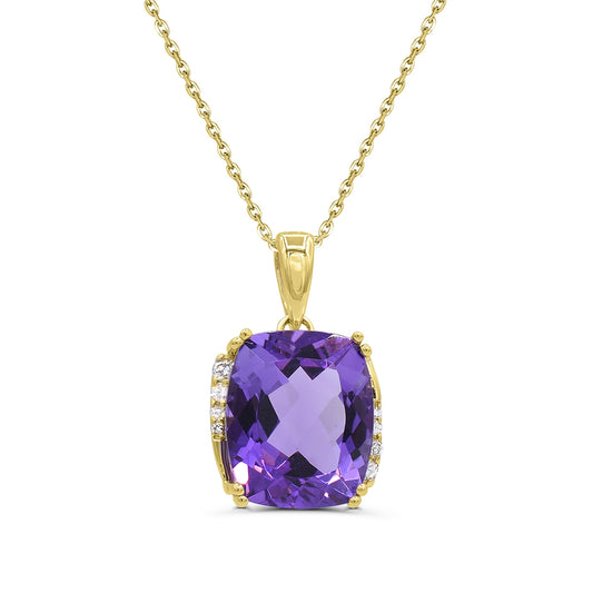 Cushion Amethyst & Diamond Accent Pendant in 10K Yellow Gold