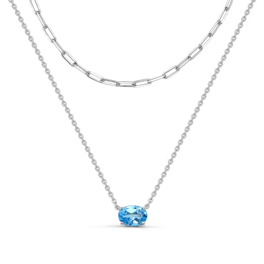 Oval Swiss Blue Topaz Layered Paperclip Necklace in Sterling Silver