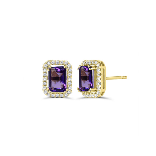 Emerald Cut Amethyst & 1/4 ct. tw. Diamond Halo Earrings in 10K Yellow Gold