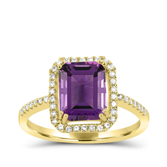 Emerald Cut Amethyst & 1/5 ct. tw. Diamond Halo Ring in 10K Yellow Gold