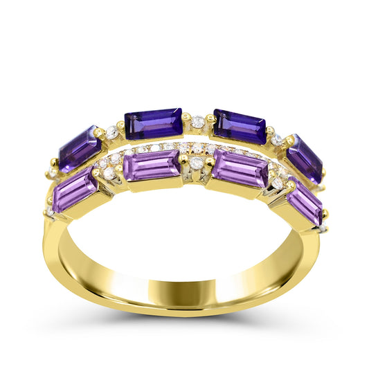 Emerald Cut Rose De France Amethyst & Diamond Accent & White Sapphire Stackable Ring in 10K Yellow Gold