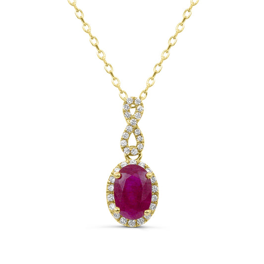Oval Ruby & 1/8 ct. tw. Diamond Halo Infinity Pendant in 14K Yellow Gold