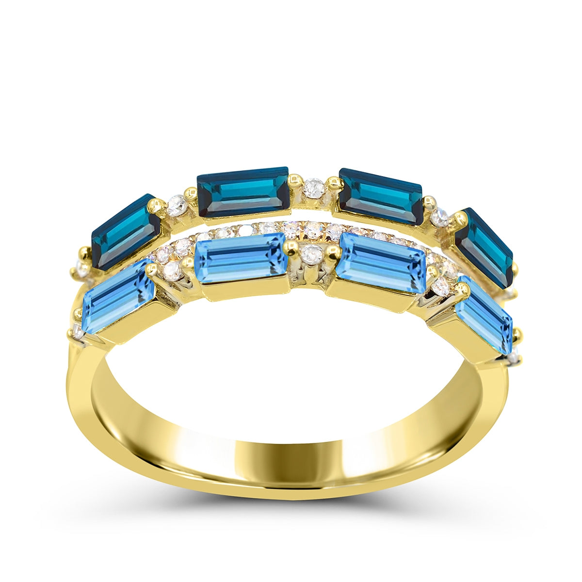 Emerald Cut London & Swiss Blue Topaz & Diamond Accent & White Sapphire Stackable Ring in 10K Yellow Gold