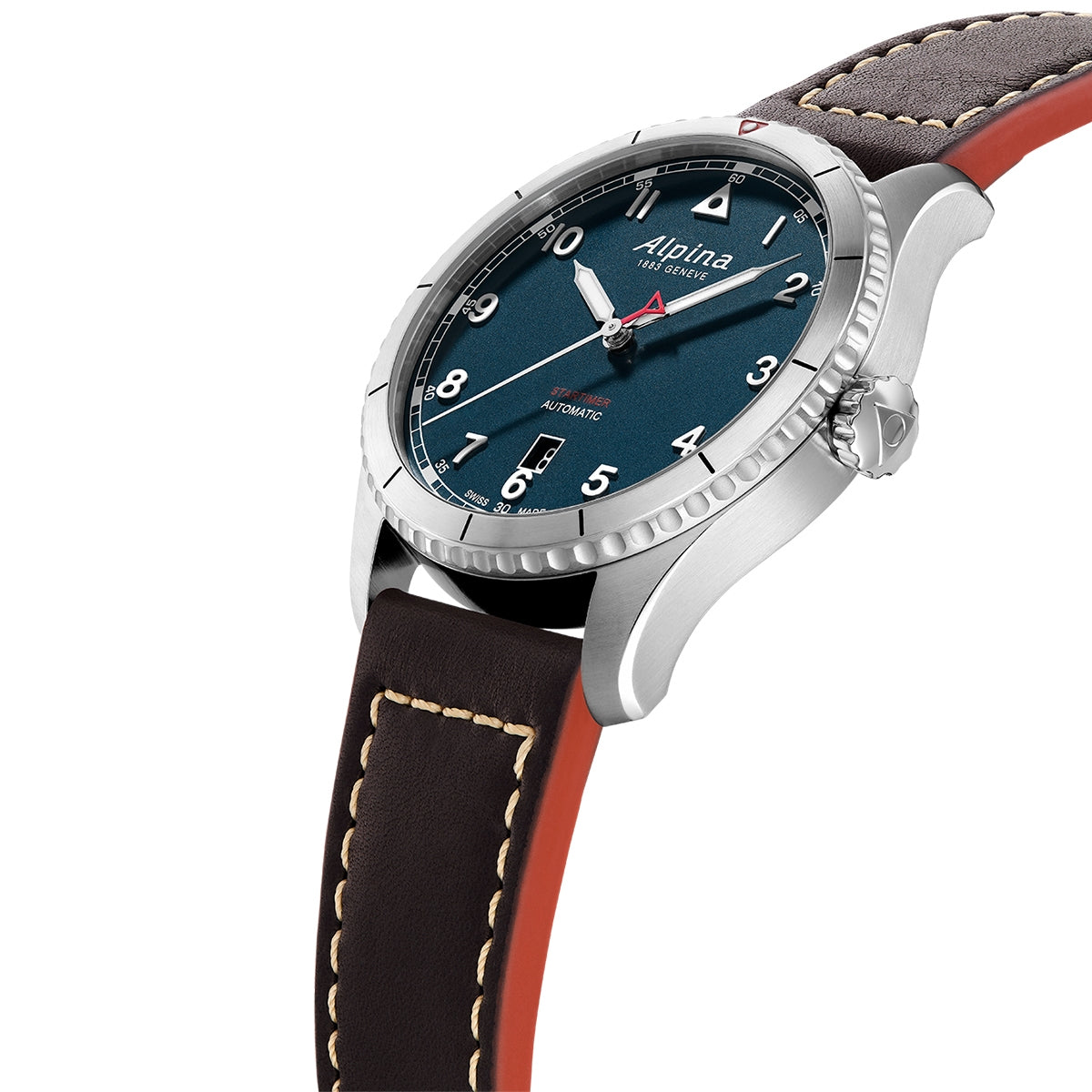 Alpina Men's Startimer Pilot Automatic Stainless Steel Watch with Blue Dial & Brown Leather Strap front view