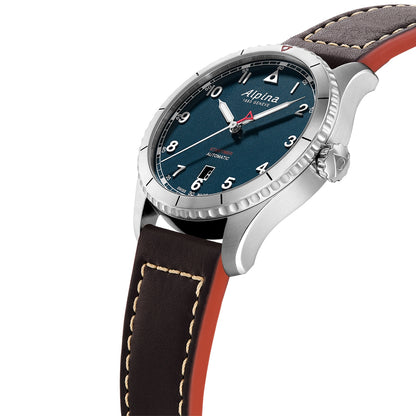 Alpina Men's Startimer Pilot Automatic Stainless Steel Watch with Blue Dial & Brown Leather Strap front view