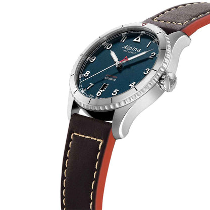 Alpina Men's Startimer Pilot Automatic Stainless Steel Watch with Blue Dial & Brown Leather Strap front view (2)
