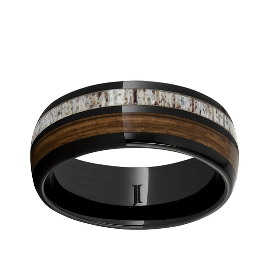 Men's 8mm Antler & Bourbon Inlay Wedding Ring in Black Ceramic