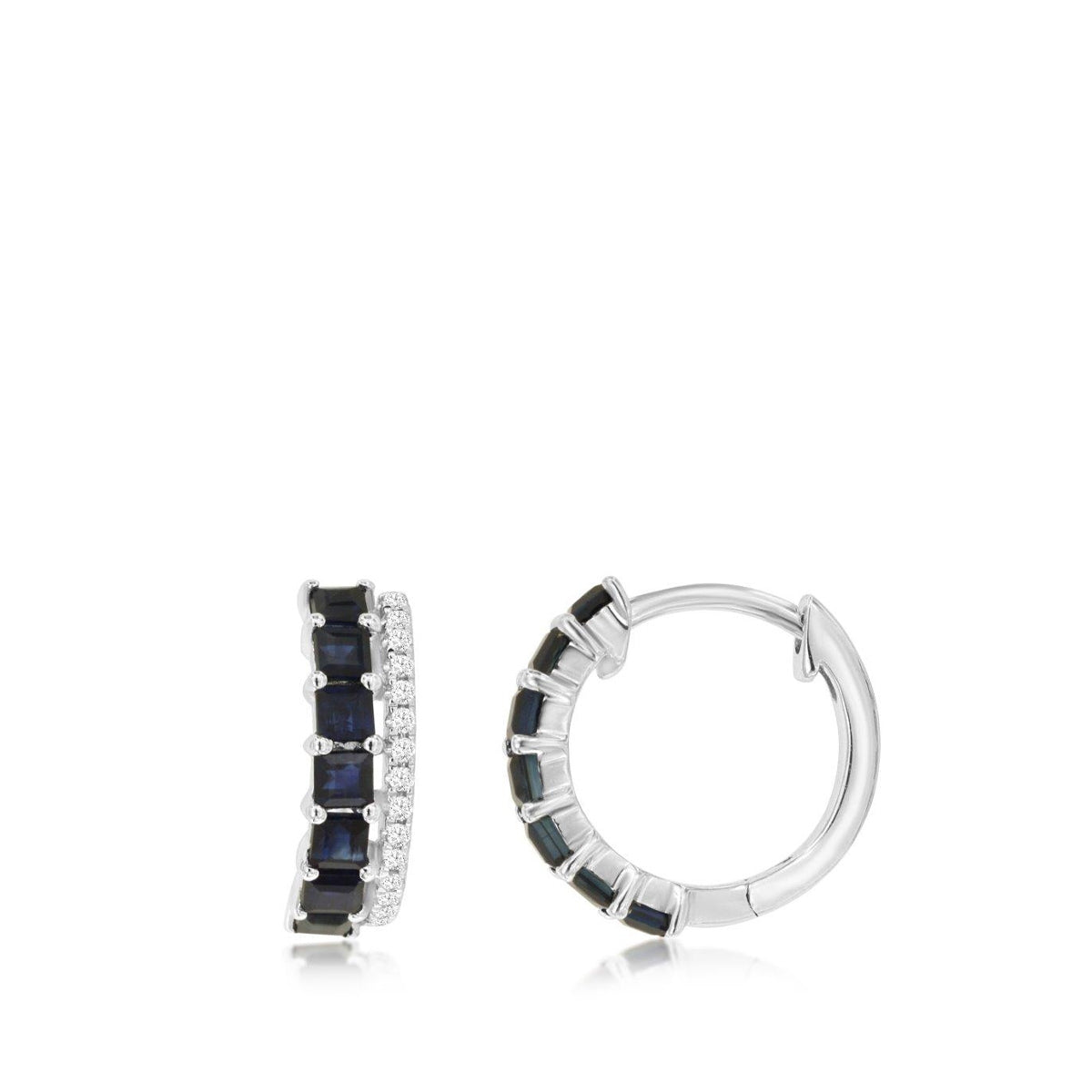 Princess Cut Sapphire & 1/10 ct. tw. Diamond Hoop Earrings in 14K White Gold