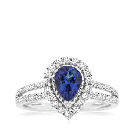 Pear Tanzanite & 1/2 ct. tw. Diamond Halo Split Shank Ring in 14K White Gold