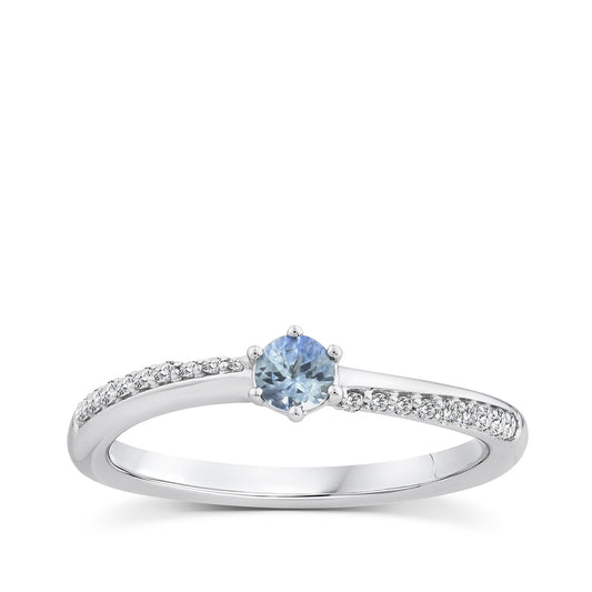 Yogo Round Sapphire & 1/10 ct. tw. Diamond Ring in 14K White Gold
