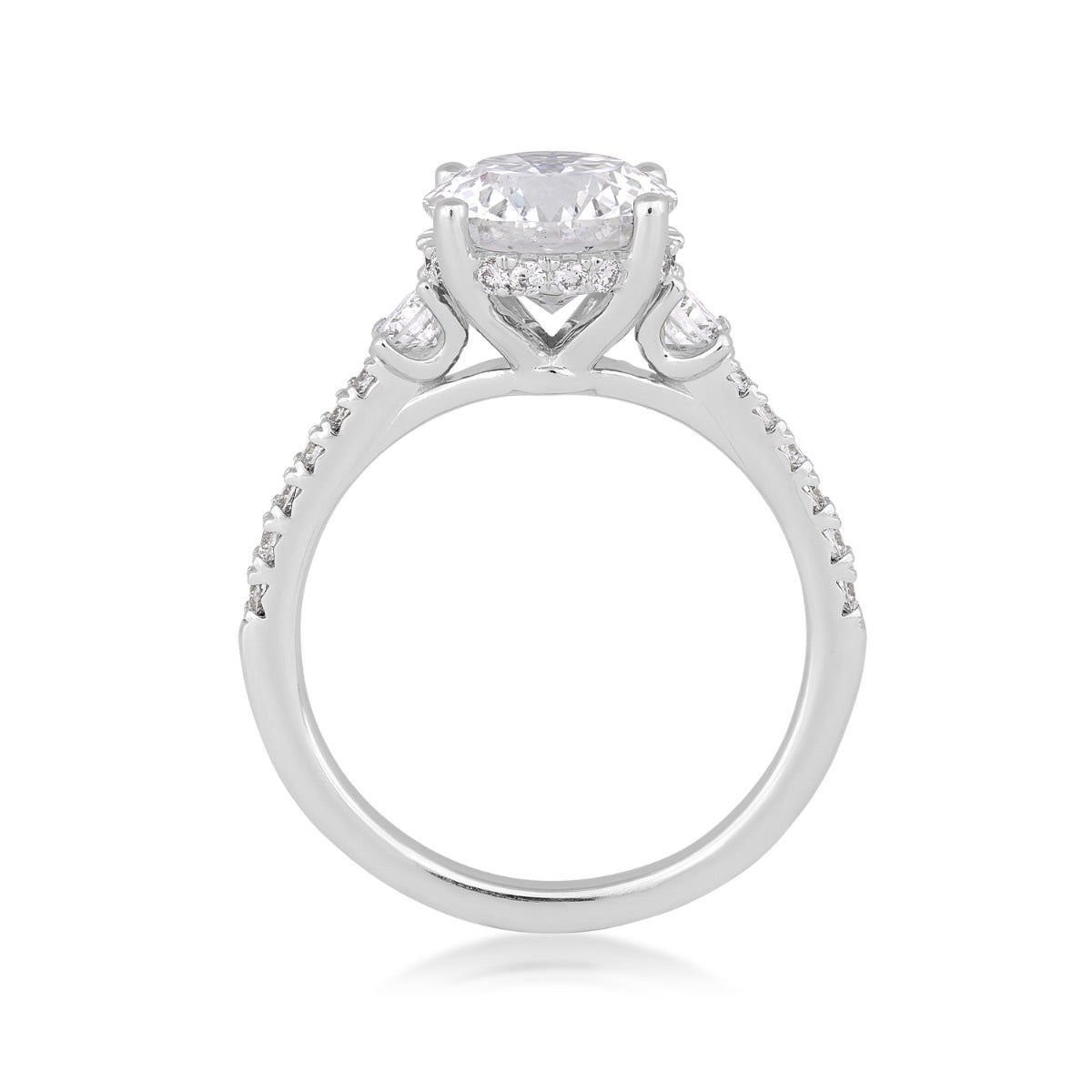 Above Love Star 2-5/8 ct. tw. Lab-Grown Round Brilliant Diamond Side Stone Hidden Halo Engagement Ring in 18K close-up detail