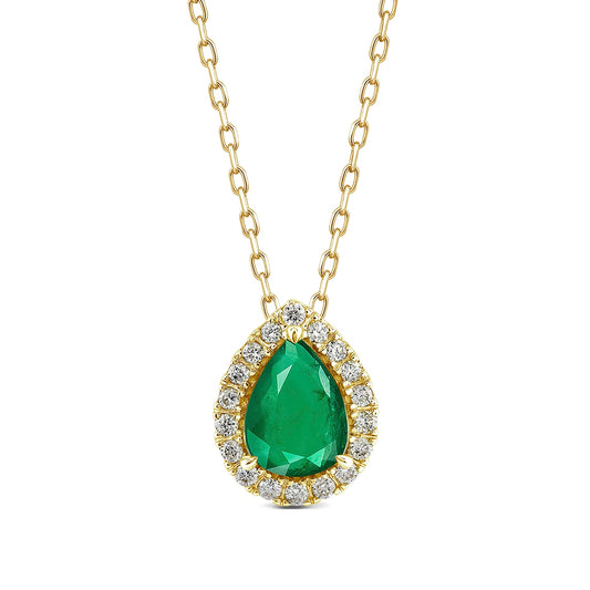 Pear Emerald & 1/6 ct. tw. Diamond Halo Pendant in 14K Yellow Gold