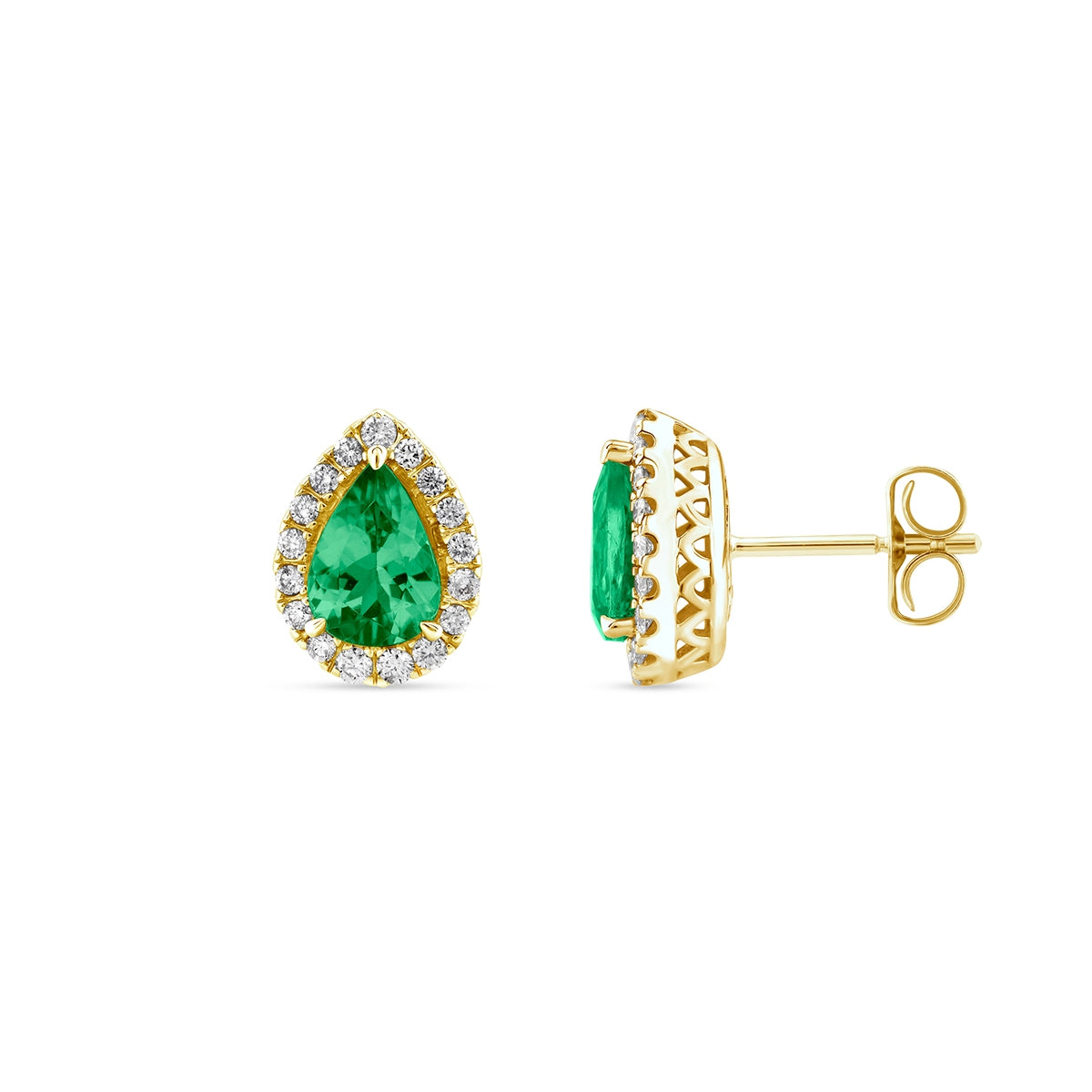 Pear Emerald & 1/4 ct. tw. Diamond Halo Earrings in 14K Yellow Gold