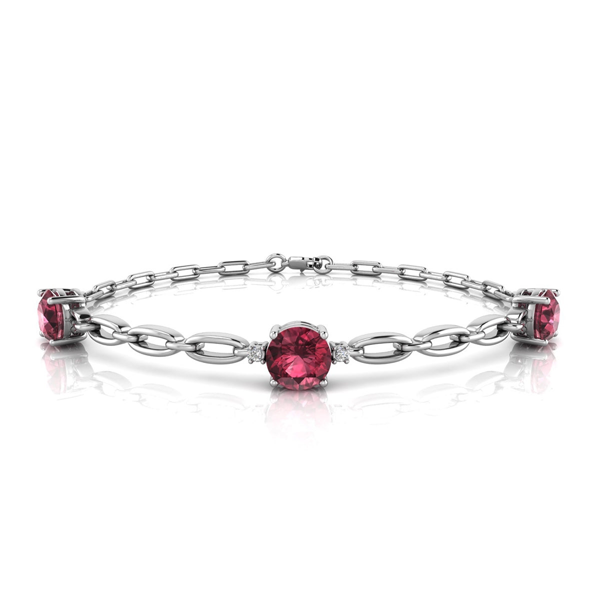 Round Red Garnet & Diamond Accent Link Bracelet in Sterling Silver