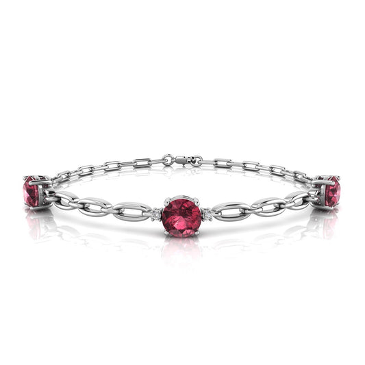 Round Red Garnet & Diamond Accent Link Bracelet in Sterling Silver