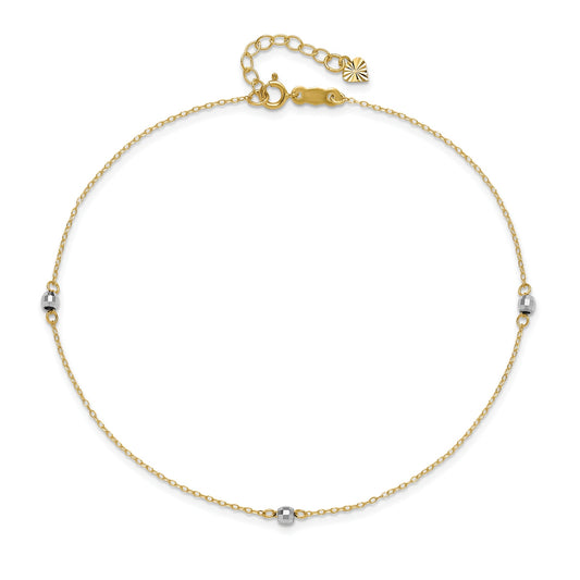 9-inch Bead Ankle Bracelet in 14K Yellow & White Gold front view