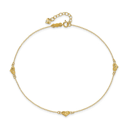 9-inch Puffed Heart Ankle Bracelet in 14K Yellow Gold front view