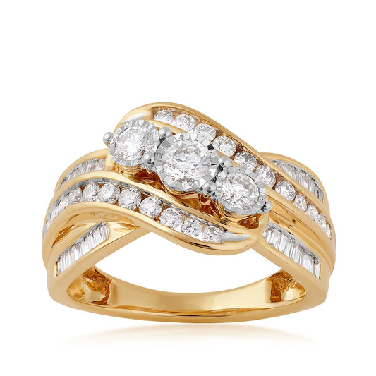 1 ct. tw. Diamond 3-Stone Multi-Row Ring in 10K Yellow Gold