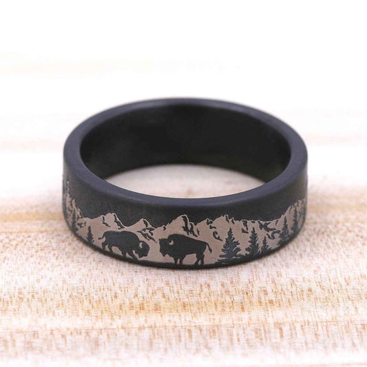 Benchmark Men's 6.5mm Mountain Buffalo Design Wedding Ring in Dark Tantalum