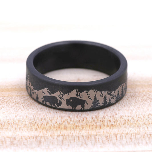 Men's 7mm Mountain Buffalo Wedding Ring in Gray Tantalum close-up detail