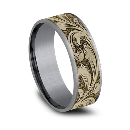 Men's 7.5mm Barrel Script Wedding Ring in Gray Tantalum & 14K Yellow Gold front view