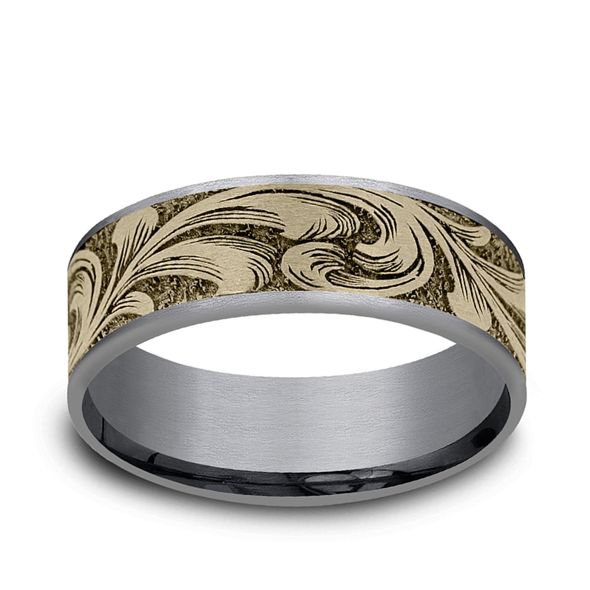 Men's 7.5mm Barrel Script Wedding Ring in Gray Tantalum & 14K Yellow Gold