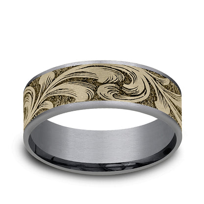 Men's 7.5mm Barrel Script Wedding Ring in Gray Tantalum & 14K Yellow Gold