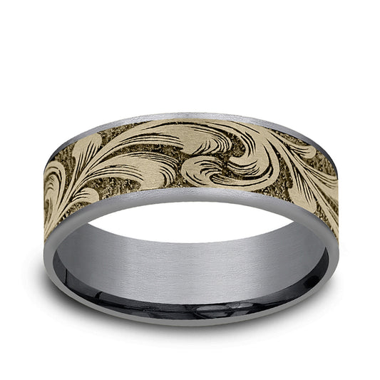Men's 7.5mm Barrel Script Wedding Ring in Gray Tantalum & 14K Yellow Gold