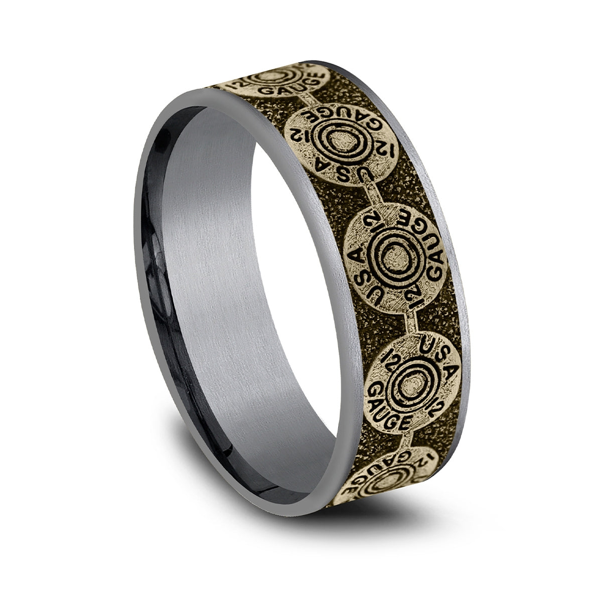 Men's 7.5mm 12 Gauge Wedding Ring in Gray Tantalum & 14K Yellow Gold front view