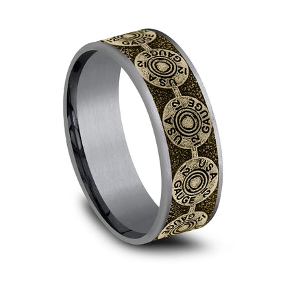 Men's 7.5mm 12 Gauge Wedding Ring in Gray Tantalum & 14K Yellow Gold front view