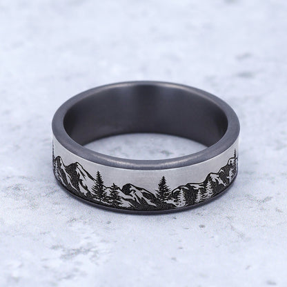 Men's 7.5mm Mountain Range Wedding Ring in Gray Tantalum close-up detail
