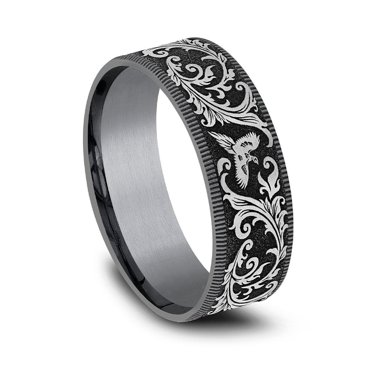 Men's 7.5mm Pheasant Scroll Wedding Ring in Gray Tantalum front view