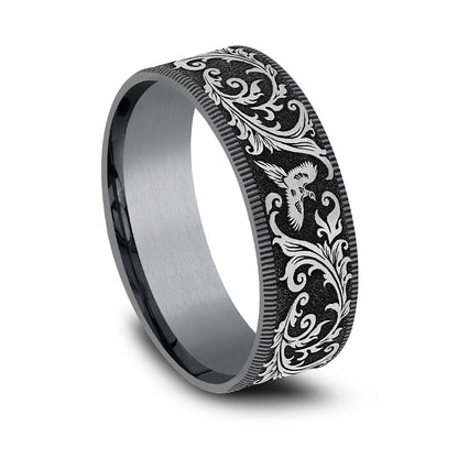 Men's 7.5mm Pheasant Scroll Wedding Ring in Gray Tantalum front view