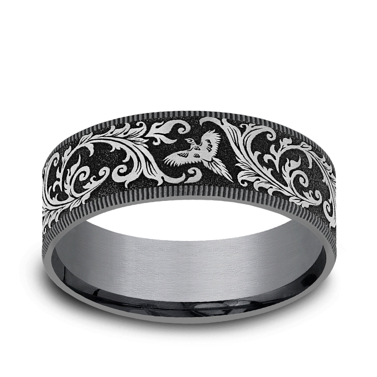 Men's 7.5mm Pheasant Scroll Wedding Ring in Gray Tantalum