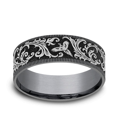 Men's 7.5mm Pheasant Scroll Wedding Ring in Gray Tantalum