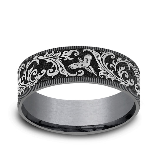 Men's 7.5mm Pheasant Scroll Wedding Ring in Gray Tantalum