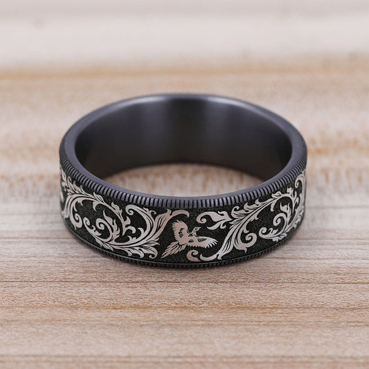 Men's 7.5mm Pheasant Scroll Wedding Ring in Gray Tantalum close-up detail