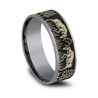 Men's 7.5mm Deer Fight Wedding Ring in Gray Tantalum & 14K Yellow Gold front view