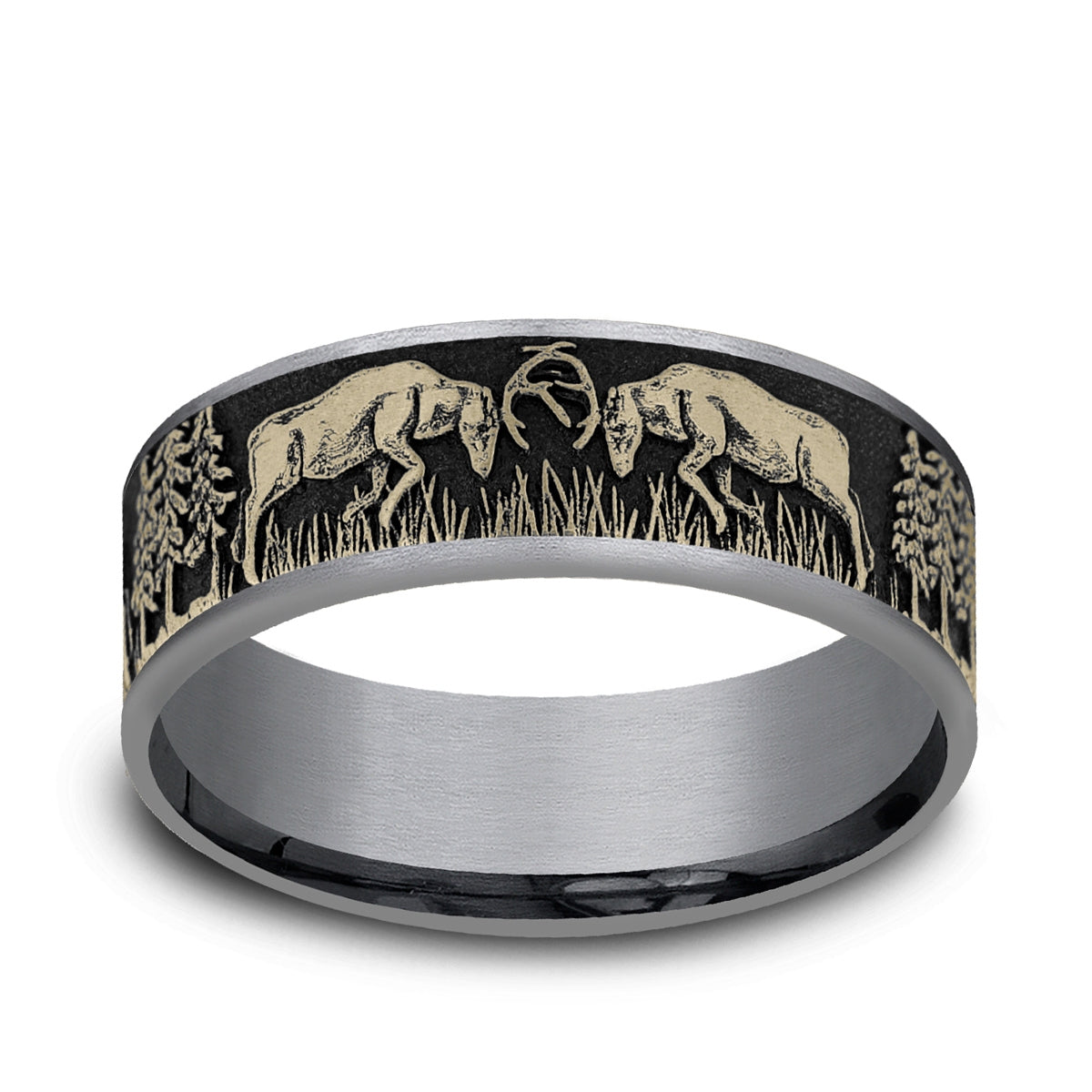 Men's 7.5mm Deer Fight Wedding Ring in Gray Tantalum & 14K Yellow Gold