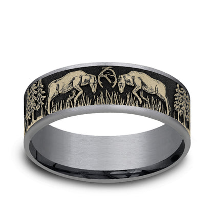 Men's 7.5mm Deer Fight Wedding Ring in Gray Tantalum & 14K Yellow Gold
