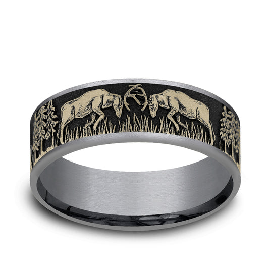 Men's 7.5mm Deer Fight Wedding Ring in Gray Tantalum & 14K Yellow Gold
