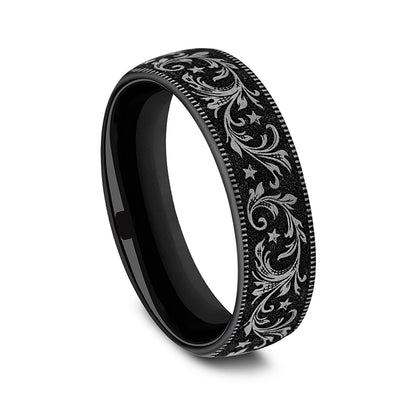 Men's Barrel Script Wedding Ring in Black & Gray Titanium front view