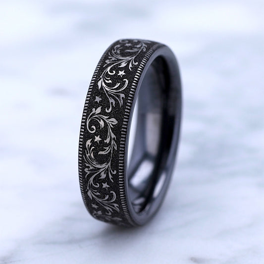 Men's Barrel Script Wedding Ring in Black & Gray Titanium close-up detail